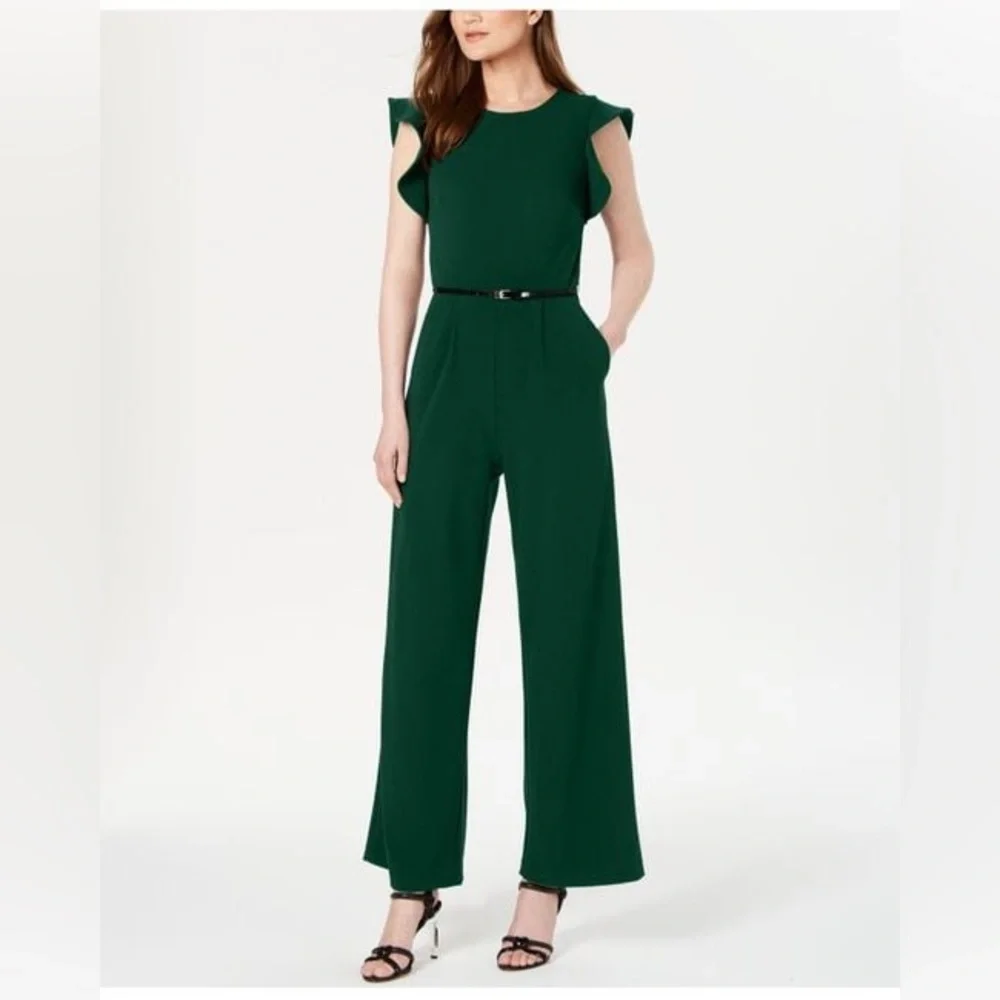 Green Calvin Klein Flutter Sleeve Jumpsuit - Picture 1 of 6